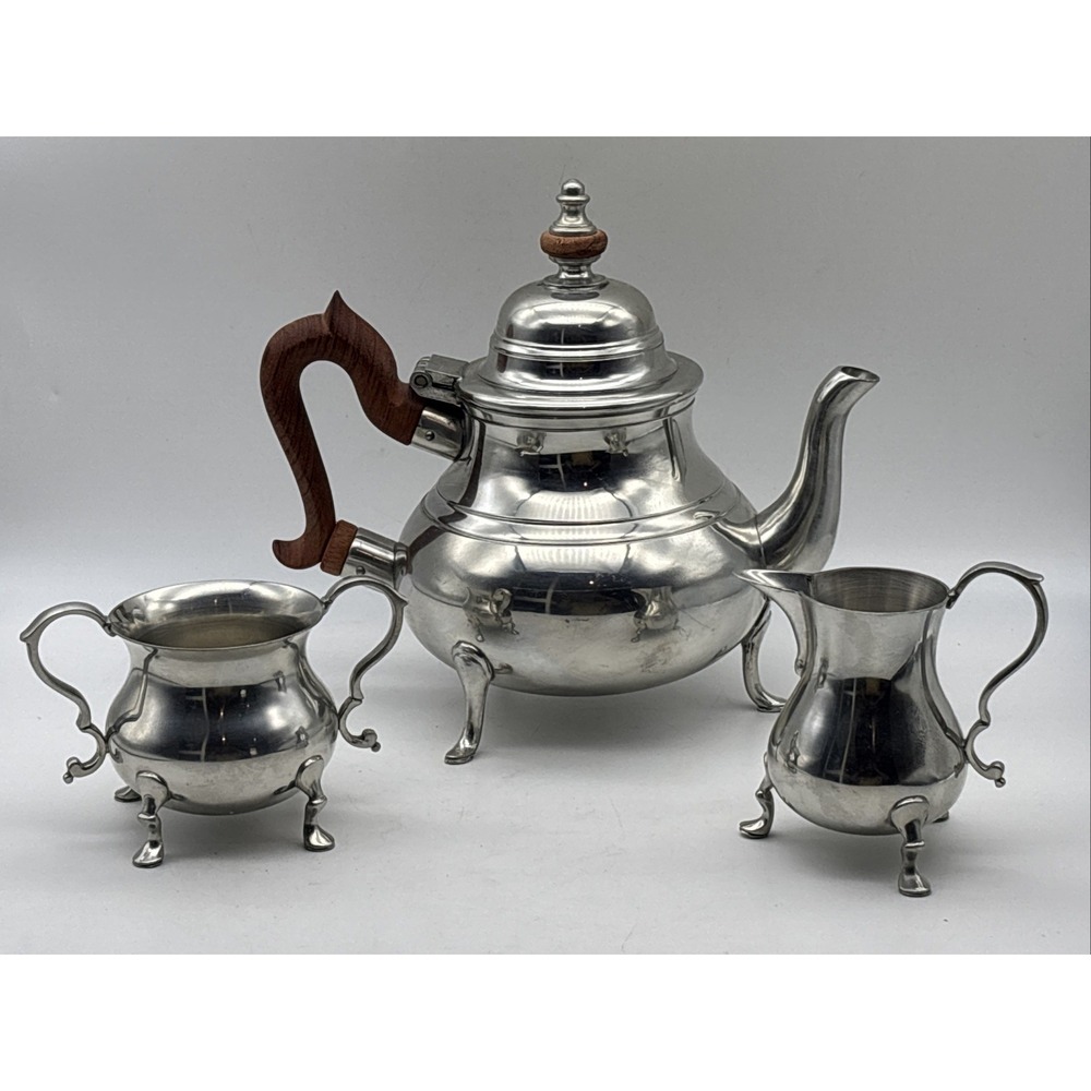 Vtg Williamsburg Kirk Stieff Pewter 3pc Set Tea/Coffee Pot Creamer Sugar Service